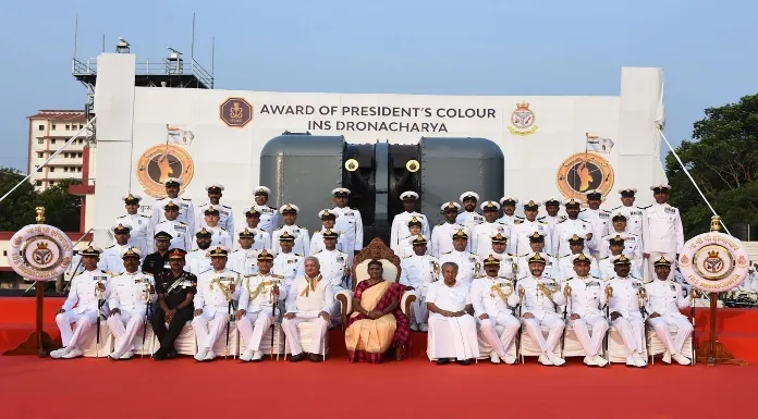 President Presents President's Color to INS Dronacharya